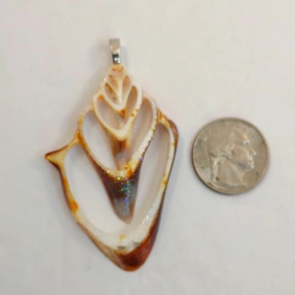 Seashell Slice Conch Pendant Glitter and Polysealed Handmade - Picture 12 of 12